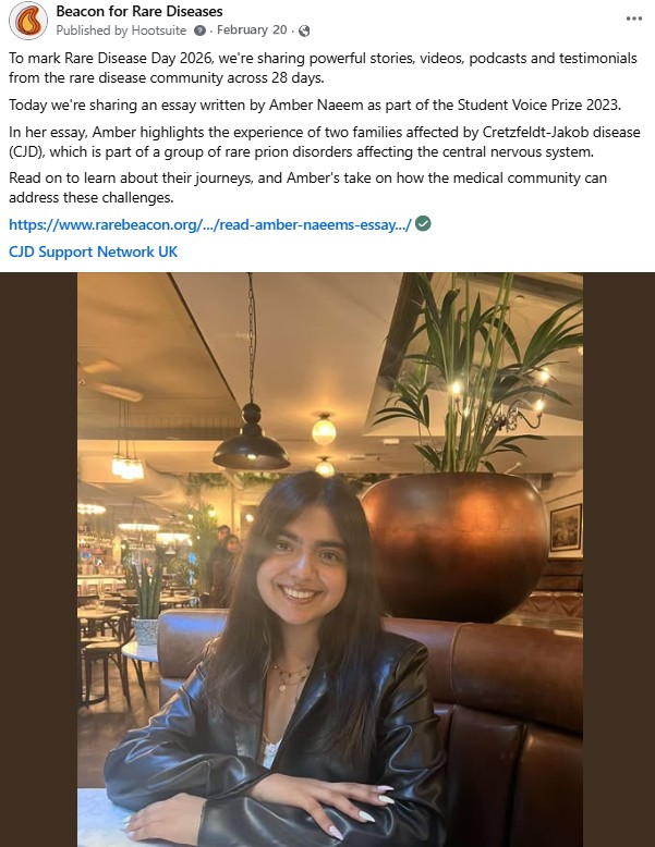 A screenshot of a Beacon LinkedIn post. The text introduces an essay written for the Student Voice Prize 2023, highlighting the experience of two families affected by Creutzfeldt-Jakob Disease.