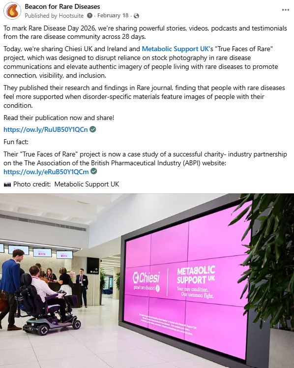 A screenshot of a Beacon LinkedIn post. The text highlights the 'True Faces of Rare' project by Chiesi UK and Ireland and Metabolic Support UK 