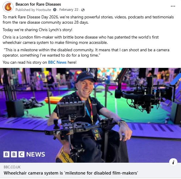 A screenshot of a Beacon LinkedIn post. The text highlights Chris Lynch, who lives with brittle bone disease, and has patented the world's first wheelchair camera system to make filming more accessible.