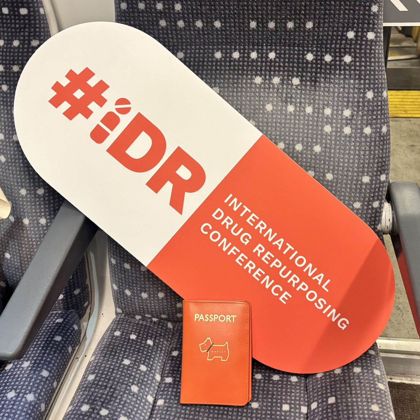 Red and white 'pill' shaped sign. Text reads '#iDR International Drug Repurposing Conference'.