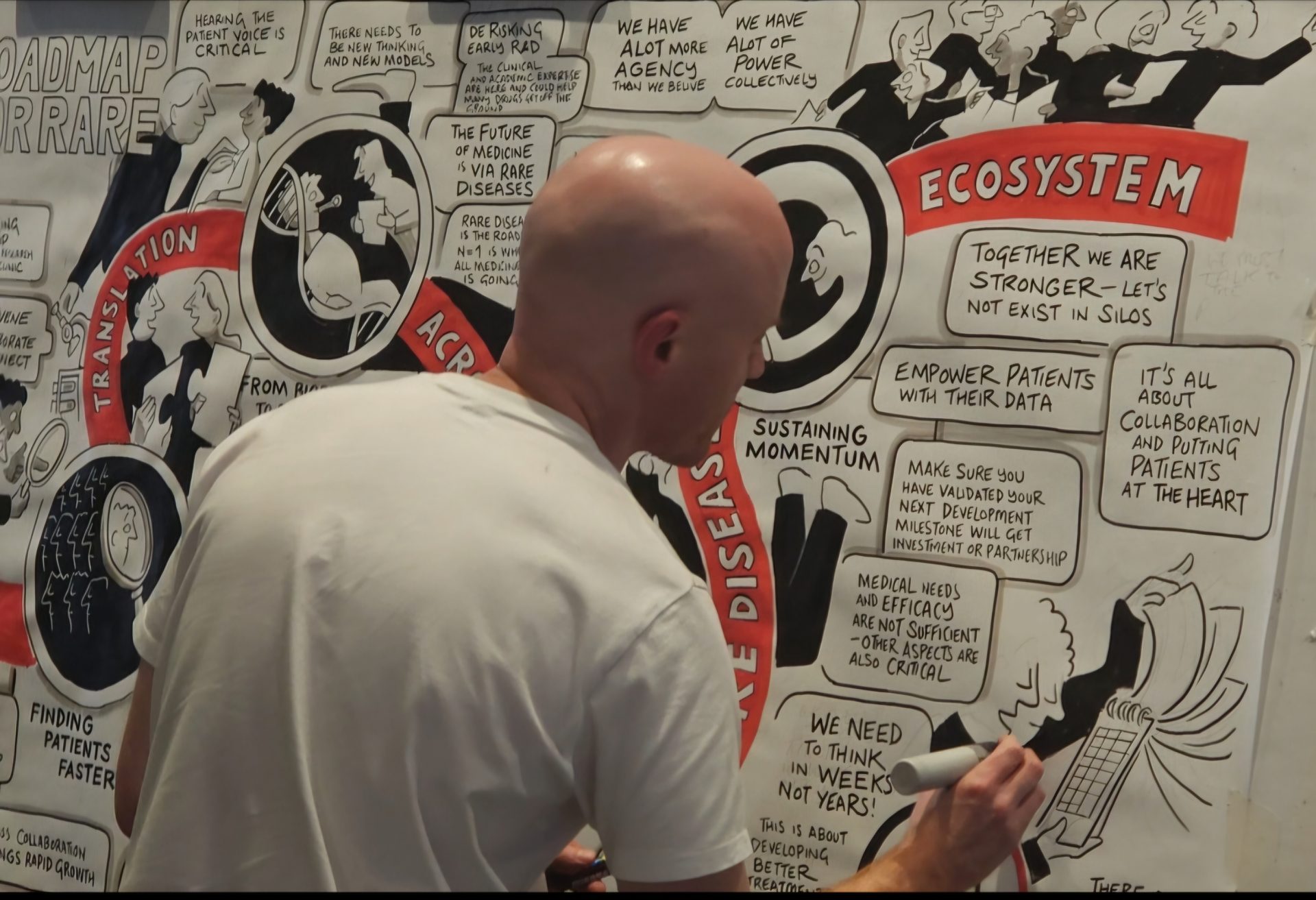 Man drawing on poster that is stuck to the wall. It has a white background, black text and red banners. The text is obstructed but reads ' rare disease ecosystem'.
