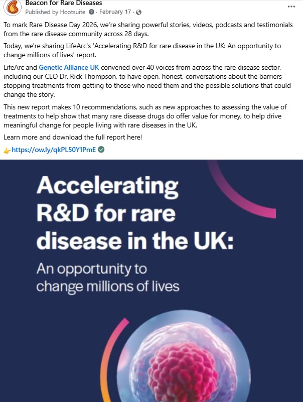 A screenshot of a Beacon LinkedIn post. The text shares LifeArc's 'Accelerating R&D for rare disease in the UK: An opportunity to change millions of lives' report. 