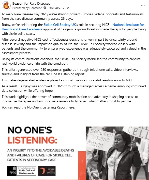 A screenshot of a Beacon LinkedIn post. The text celebrates the NICE approval of Casgevy, a ground-breaking gene therapy for people living with Sickle Cell Disease.